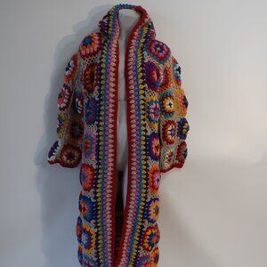 NWT Womens Tina Demel Red Multicolor Long Open Hood Duster Cardigan Sweater OS